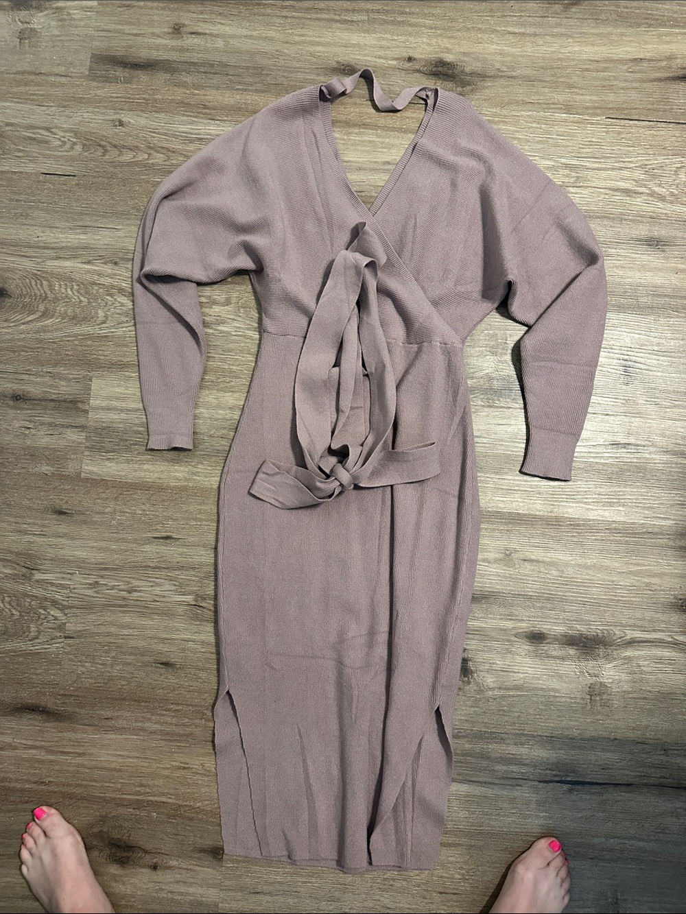 SHEIN Dusty Mauve Wrap Midi Knit Dress with Self Tie